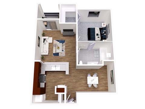 Floor plan for 1 bed, 1 bath, 728 sqft